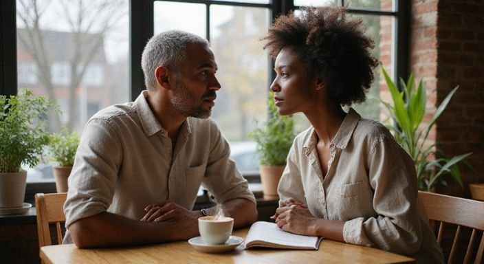 Twee personen zitten samen aan een houten tafel in een café. Twee personen zitten samen aan een houten tafel in een café.