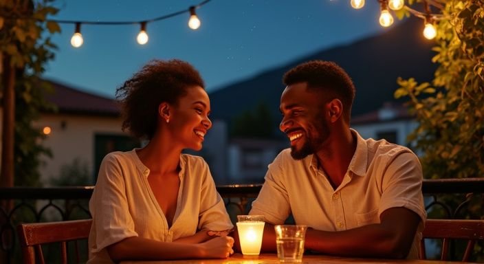 Een stel lacht samen aan een tafel in een tuin-café. Een stel lacht samen aan een tafel in een tuin-café tijdens hun sexdate donkere vrouwen.