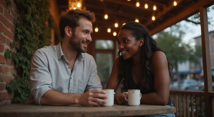 Een man en een vrouw hebben een intieme gesprek aan een tafel. Een man en een vrouw hebben een intieme gesprek aan een tafel.