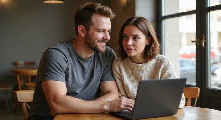 Een man en vrouw delen een intiem gesprek over stellen swingers sexcontact aan een cafétafel.