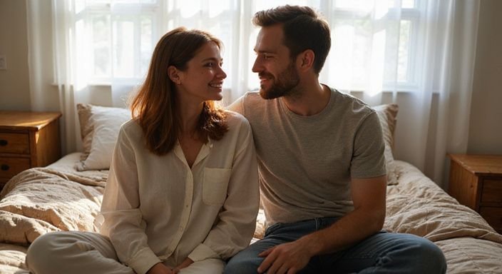 Een koppel geniet van een stellen swingers sexcontact op bed.