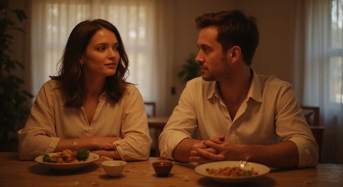 Een vrouw en man bespreken openhartig stellen swingers sexcontact tijdens een diner.