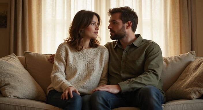 Een vrouw en man bespreken serieus hun relatiegrenzen op een bank.