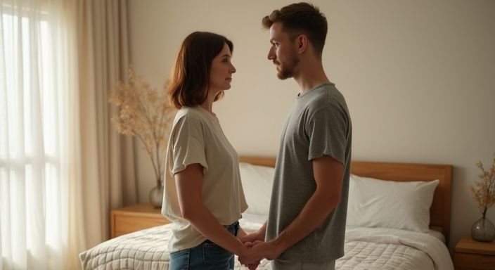 Een man en vrouw hebben een serieuze conversatie in een slaapkamer.