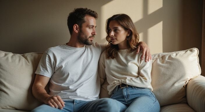 Een man en vrouw zitten intiem in gesprek op een bank.
