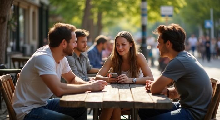 Een diverse groep volwassenen geniet van een informele bijeenkomst in een café.