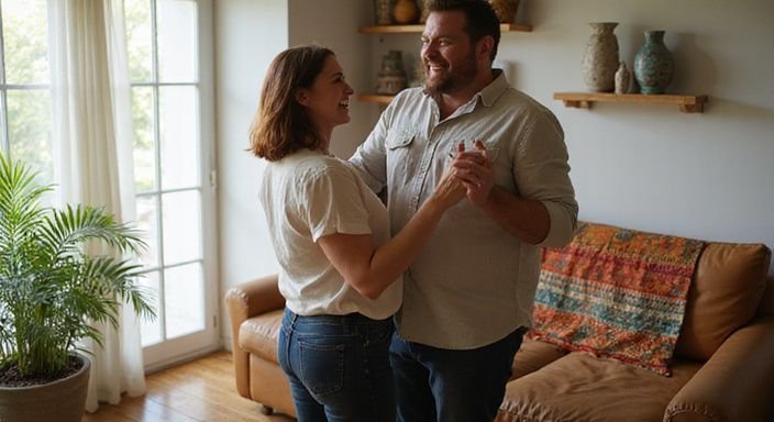 Een man en vrouw dansen vrolijk in een gezellige woonkamer.