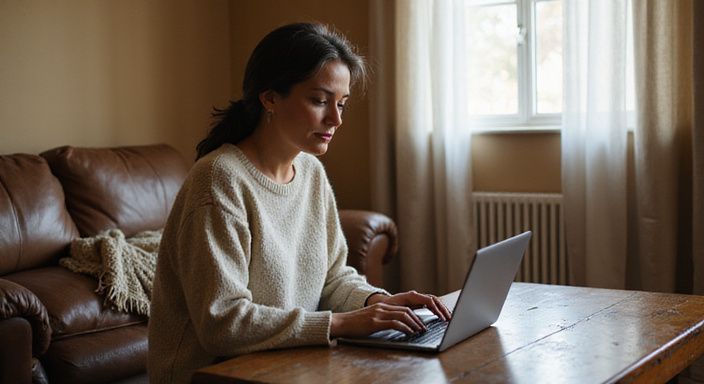 Een vrouw in een comfortabele sweater werkt geconcentreerd op haar laptop. Een vrouw in een comfortabele sweater zoekt op haar laptop naar oudere vrouwen sexcontact Vlaanderen.