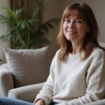 Een middelbare vrouw in een comfortabele woonkamer met een warme glimlach