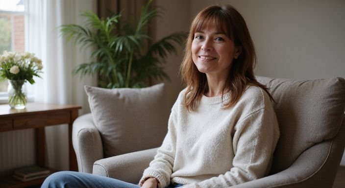 Een middelbare vrouw in een comfortabele woonkamer met een warme glimlach