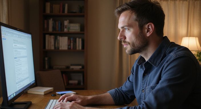 Een man in de veertig zoekt op een datingwebsite. Een man in de veertig zoekt op een datingwebsite.