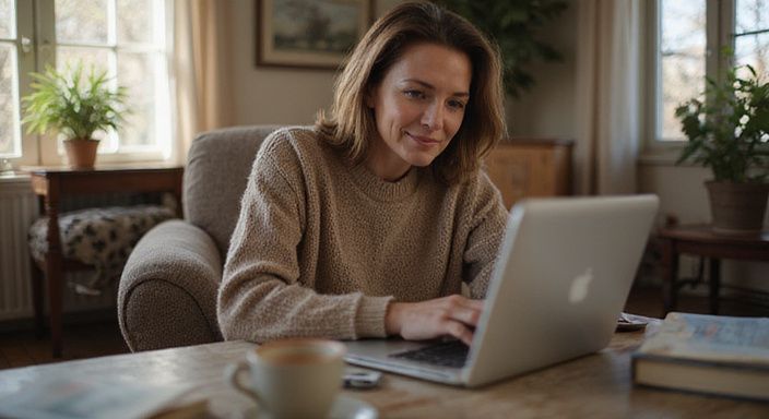 Een vrouw midden vijftig browse datingprofielen in een gezellige woonkamer. Een vrouw midden vijftig browse datingprofielen in een gezellige woonkamer.