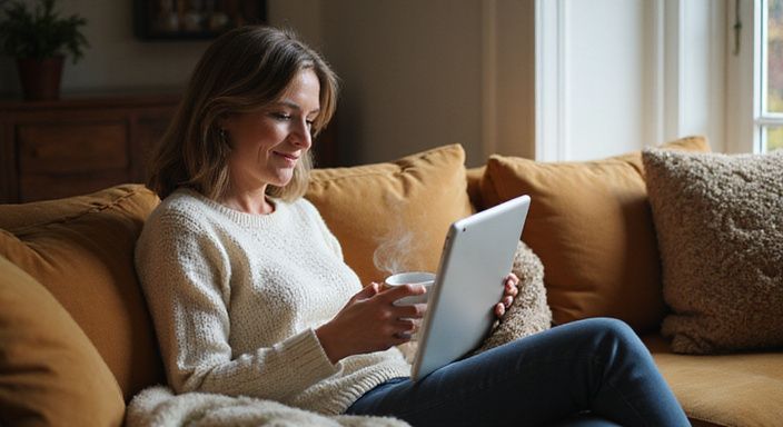 Een vrouw in haar vijftiger jaren leest op een tablet in de woonkamer. Een vrouw in haar vijftiger jaren leest op een tablet in de woonkamer.