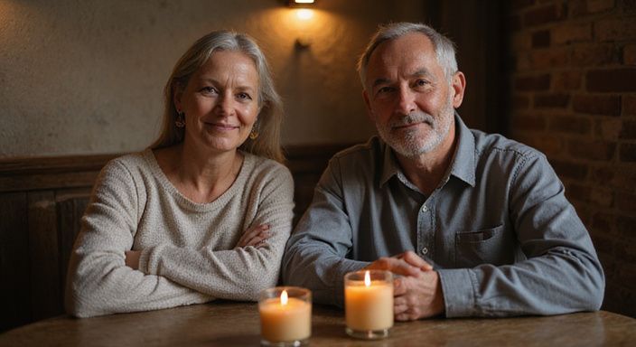 Een volwassen stel geniet van een intiem moment aan tafel. Een volwassen stel geniet van een intiem moment aan tafel.