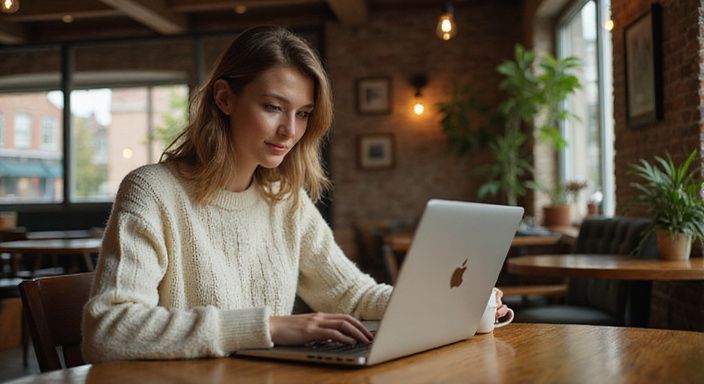 Een vrouw in een cafe die een datingwebsite bekijkt. Een vrouw in een cafe die een datingwebsite bekijkt.