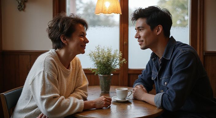 Een vrouw en een man genieten van een intiem gesprek in een café. Een vrouw en een man genieten van een intiem gesprek over oudere vrouwen sexcontact Vlaanderen in een café.