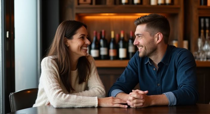 Een vrouw en man genieten van een intieme conversatie in een wijnbar. Een vrouw en man genieten van een intieme conversatie over oudere vrouwen sexcontact Vlaanderen in een wijnbar.