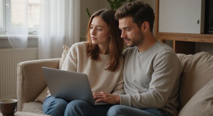Een stel zit samen op een bank en bekijkt een laptop op zoek naar sex in je buurt.