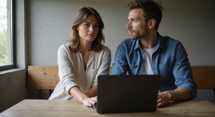 Een vrouw en man werken geconcentreerd samen op een laptop en willen sex in je buurt.