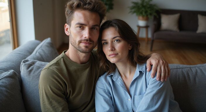 Een man en vrouw zitten intiem op een bank in de woonkamer.