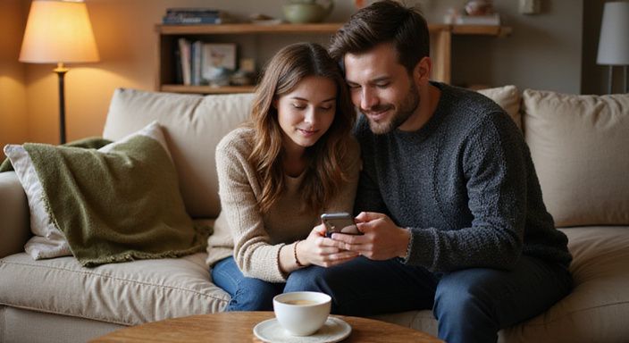 Een vrouw en man delen een intiem moment op de bank.