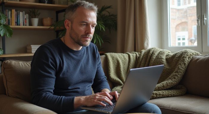 Een man in een comfortabele woonkamer werkt geconcentreerd op zijn laptop.