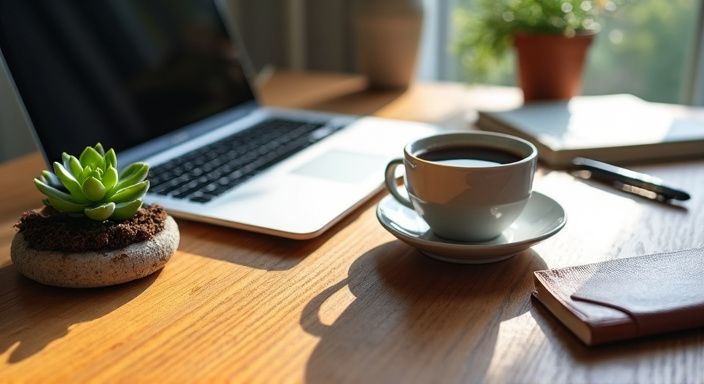 Een georganiseerde bureau met laptop, notitieboek, koffie en vetplant.