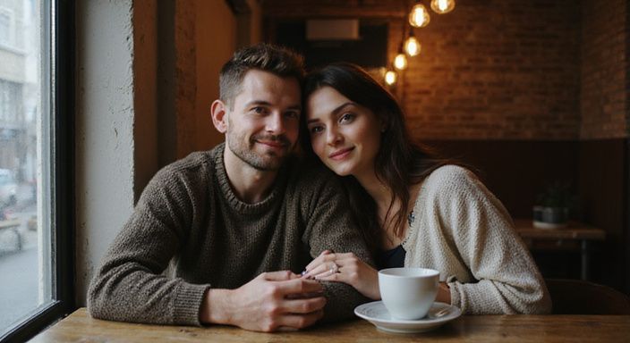 Een koppel geniet van een intiem gesprek over sex in je buurt in een café.
