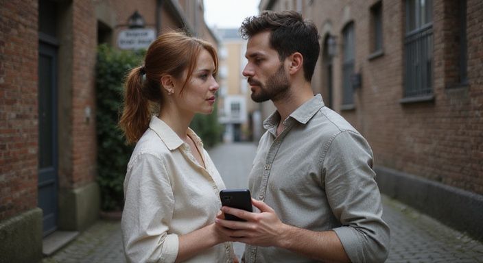 Een jong stel in een smalle steeg met een smartphone.