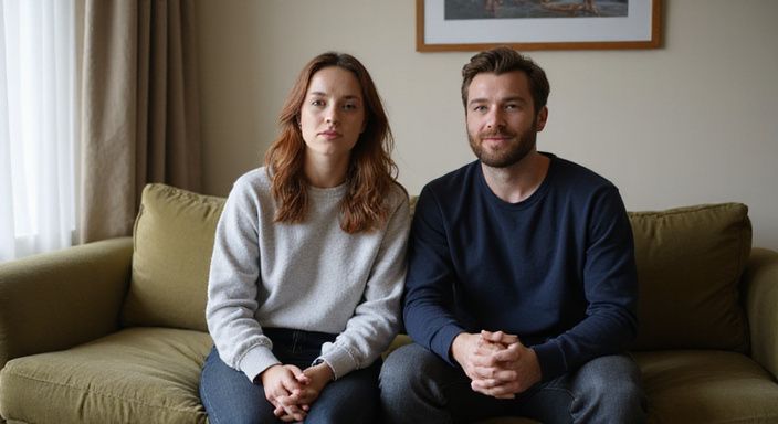 Een stel zit dicht bij elkaar op een groene bank.