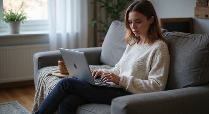 Een vrouw in een trui zoekt geconcentreerd op haar laptop naar sexcontact of een sexdate in Vlaams-Brabant.