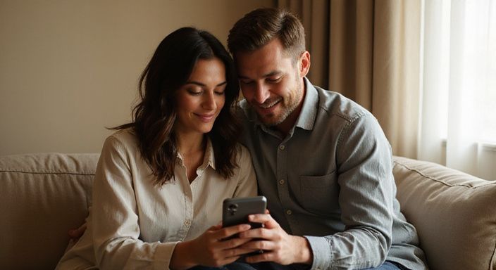 Een man en vrouw delen een lachend moment op een bank.