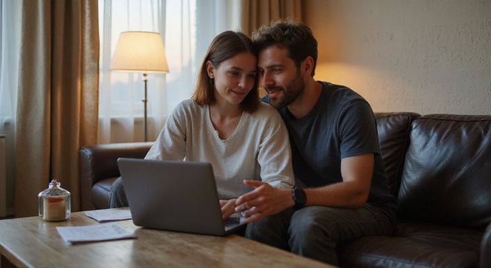 Een man en vrouw delen een intiem moment op de bank.
