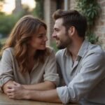 Een man en vrouw delen een intiem moment op een terras