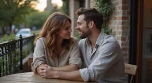 Een man en vrouw delen een intiem moment op een terras