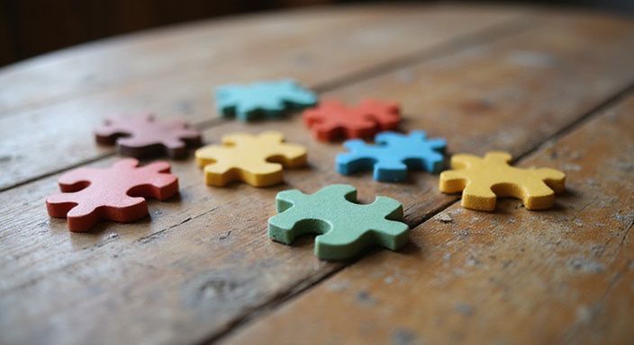 Kleurrijke puzzelstukken op een verweerd houten tafel symboliseren verbinding.