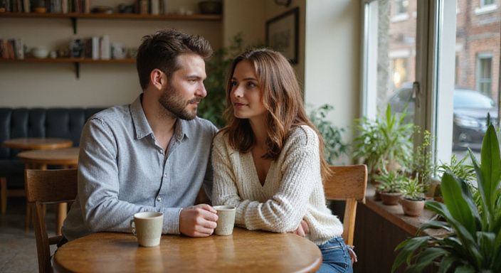 Een man en vrouw genieten van koffie aan een houten tafel.