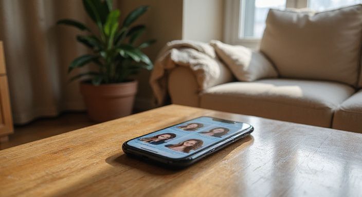 Een smartphone op een koffie tafel met een dating app interface voor sexcontact of een sexdate in Vlaams-Brabant..