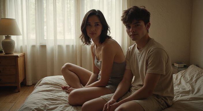 Twee vrienden delen een intiem moment in een slaapkamer.