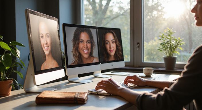 Moderne werkruimte met computerbeelden en een authentieke, uitnodigende sfeer.