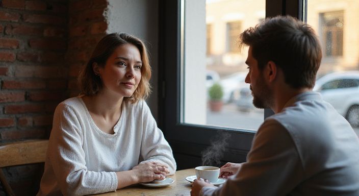 Een vrouw en een man hebben een intieme conversatie over sexcontact of een sexdate in Vlaams-Brabant. in een café.