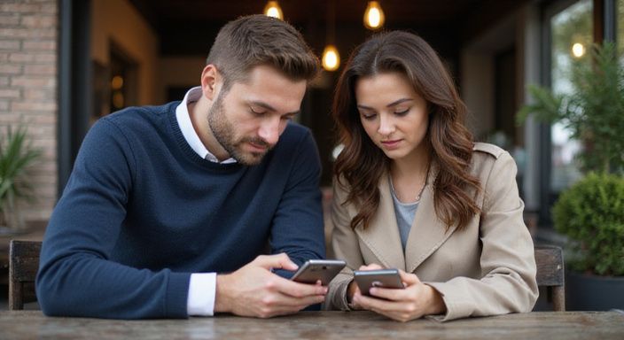 Een man en vrouw bekijken hun smartphones in een café op zoek naar sexcontact of een sexdate in Vlaams-Brabant.
