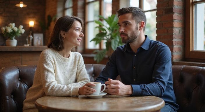 Een vrouw en man delen een intiem gesprek in een café.