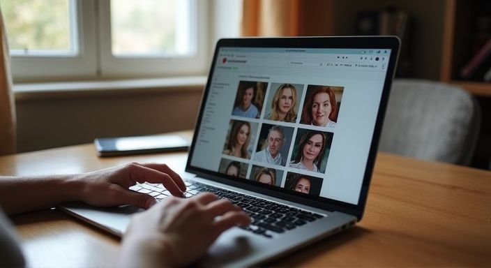 Een laptop toont een datingwebsite voor sexcontact met een rijpe vrouw uit Antwerpen terwijl iemand een privébericht typt.
