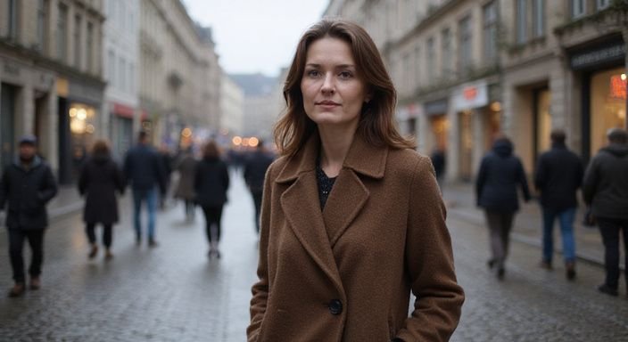 Een vrouw wandelt zelfverzekerd over een drukke straat in Antwerpen.