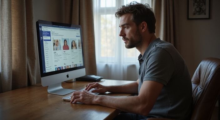 Een man in een casual setting bekijkt profielen van vrouwen.