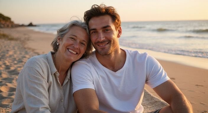 Een oudere vrouw en een jongere man zitten samen op het strand.