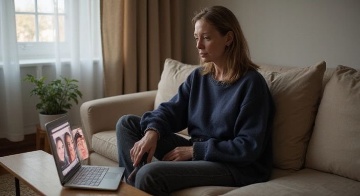 Een vrouw zit op de bank en bekijkt datingsprofielen op haar laptop.