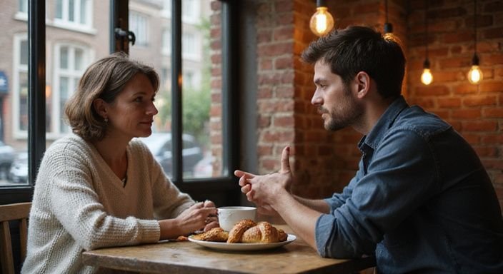 Een vrouw en man bespreken een datingapp voor sexcontact met een rijpe vrouw uit Antwerpen in een café.