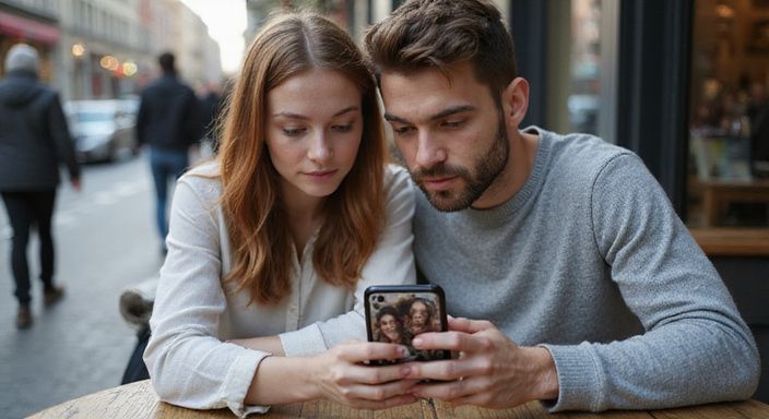 Een stel bekijkt een dating-app aan een café tafel.